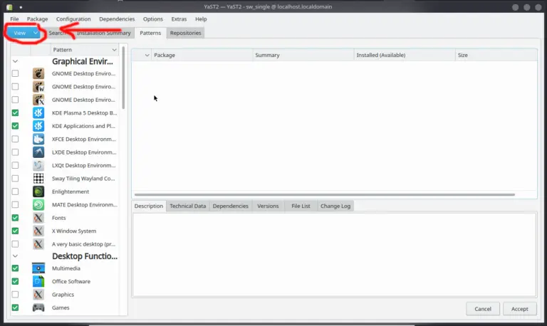 YaST Software menú View