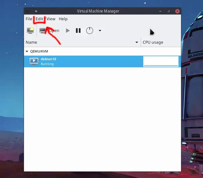 Menú Edit en virt-manager
