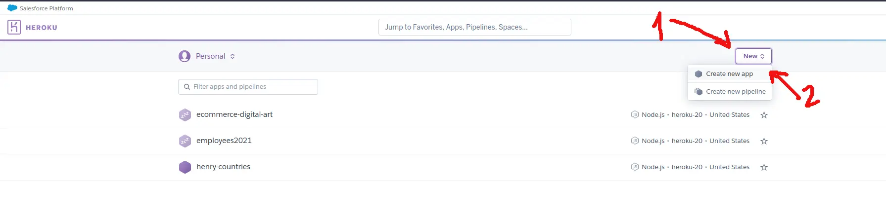 Crear app en Heroku paso 1